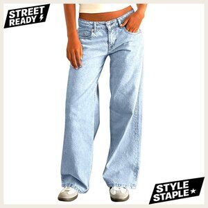 Low Rise Wide Leg Boyfriend Jeans Distressed Straight Leg Denim Pants